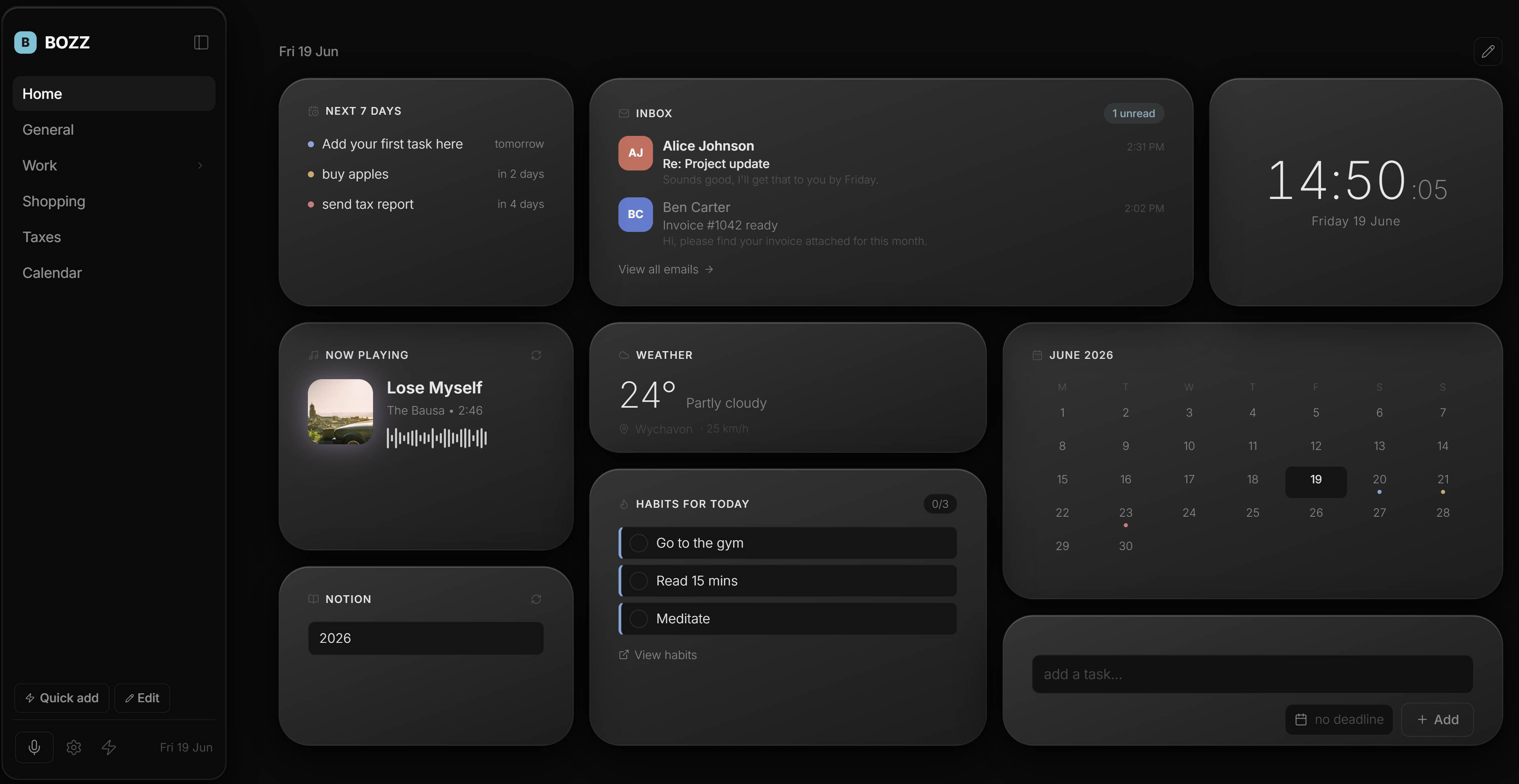 Bozz dashboard in dark mode
