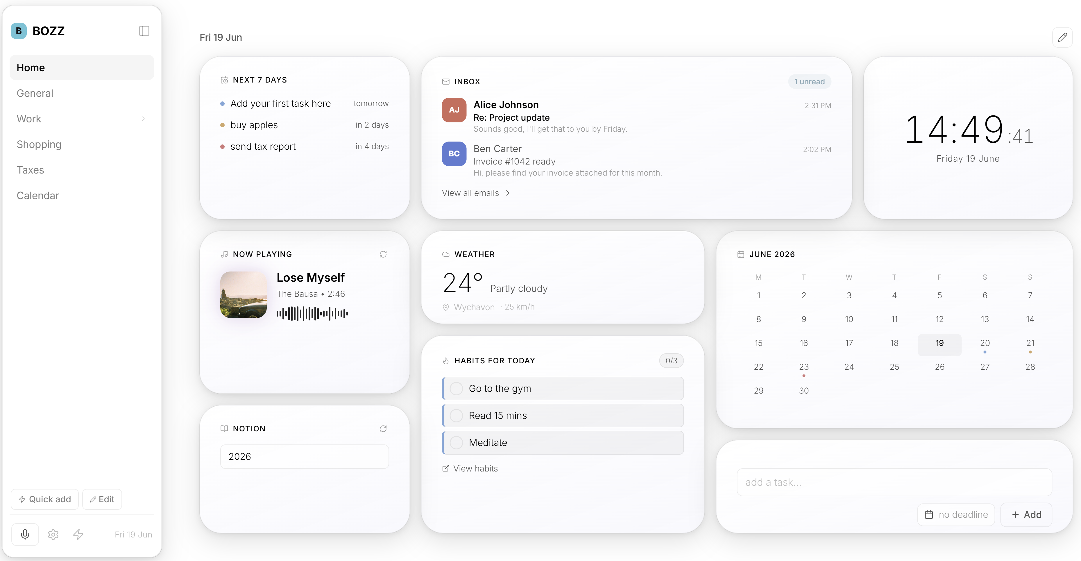 Bozz dashboard in light mode